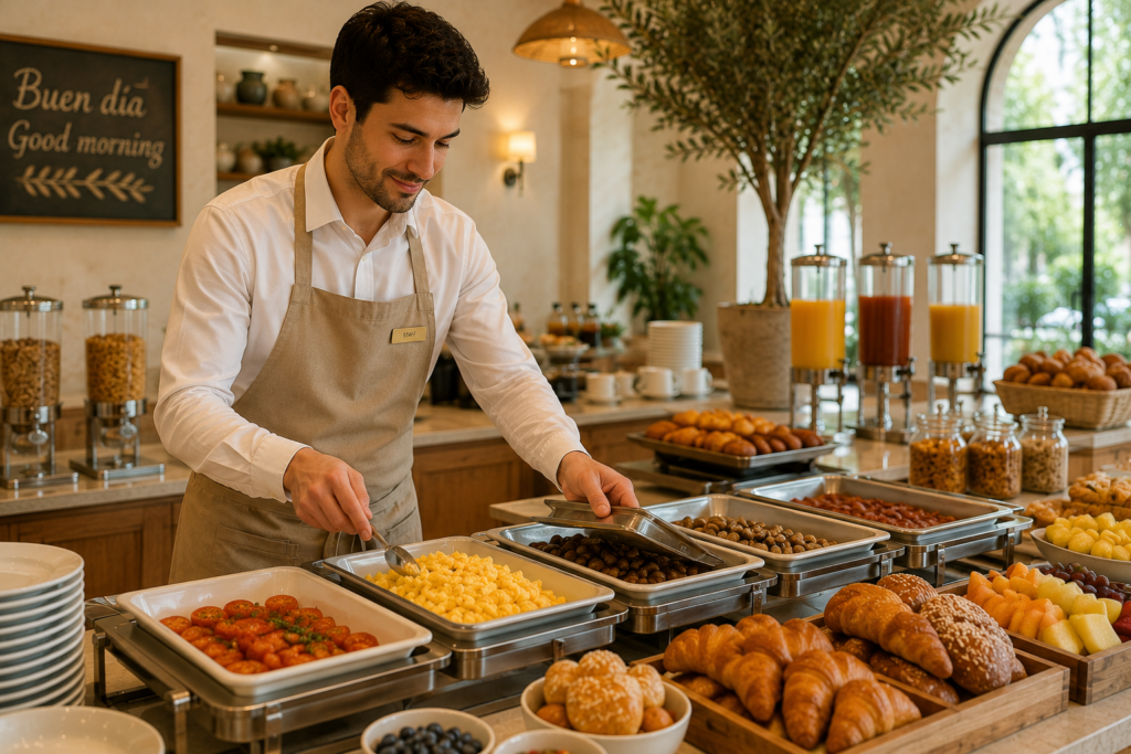 Hotel staff member refilling a breakfast buffet with eggs, pastries and fruit
