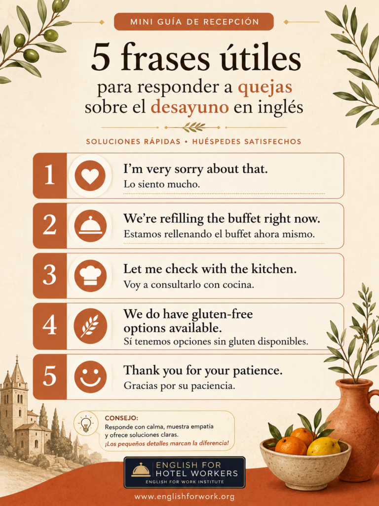 Infographic with five useful English phrases for responding to hotel breakfast complaints