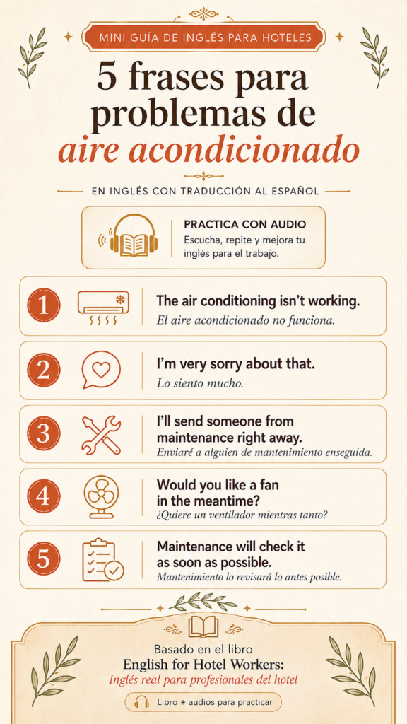 Infografía con cinco frases en inglés para responder cuando el aire acondicionado no funciona en un hotel, con traducción al español.