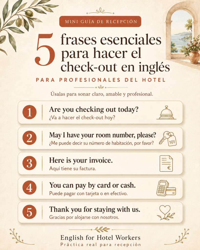 Infografía con cinco frases esenciales para el check-out de hotel en inglés y traducción al español.