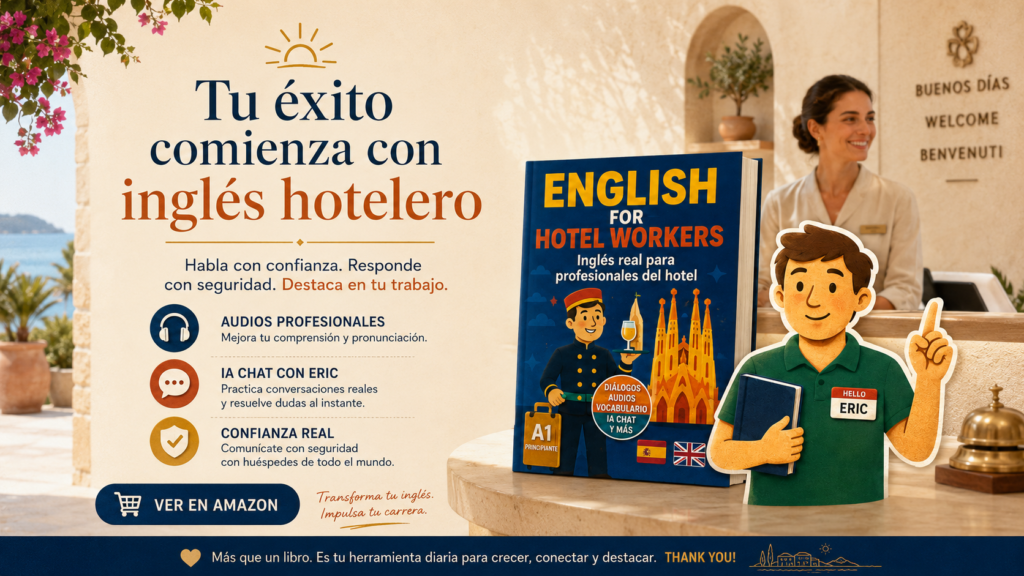 Promoción del libro English for Hotel Workers: Inglés real para profesionales del hotel, con audios y práctica guiada junto a Eric.