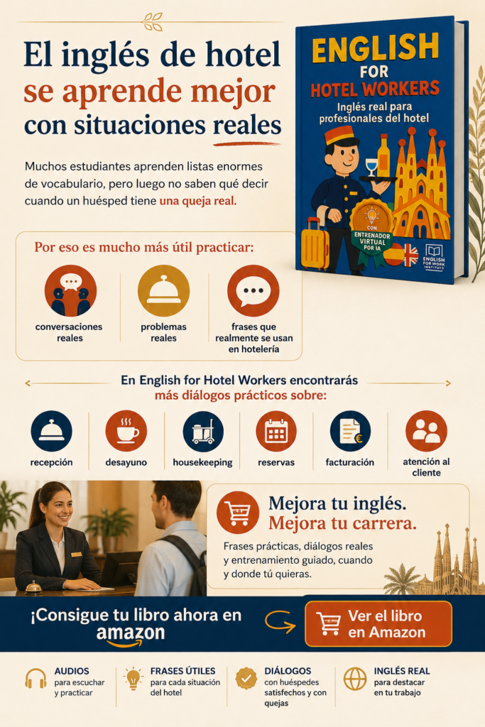 Infografía promocional del libro English for Hotel Workers para aprender inglés real de hotel con diálogos, audios y práctica guiada