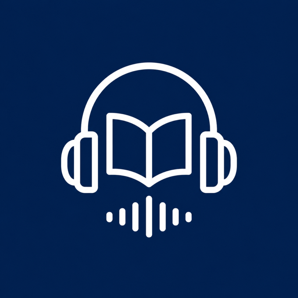 Icono de audio del English for Work Institute con un libro abierto, auriculares y ondas de sonido.