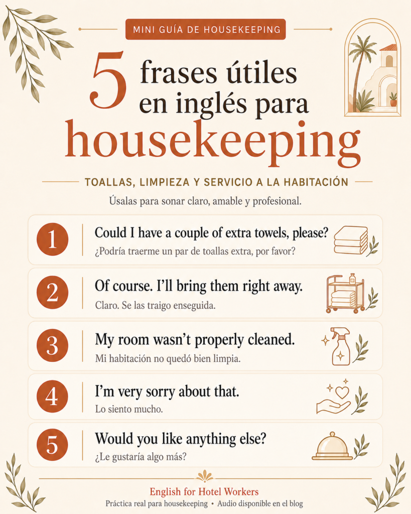 Infografía con cinco frases útiles de housekeeping en inglés para hoteles, incluyendo toallas, limpieza y atención a la habitación con traducción al español.